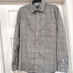 Grey White Houndstooth Style Long Sleeve Casual Button Up Shirt